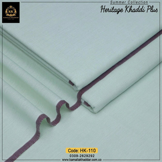 Light green fabric with purple piping and Kamala Khadri branding.